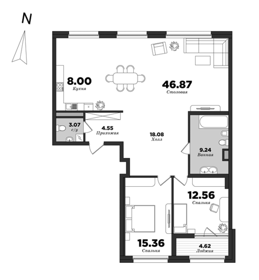 Приоритет, Корпус 1, 2 спальни, 120.04 м² | планировка элитных квартир Санкт-Петербурга | М16